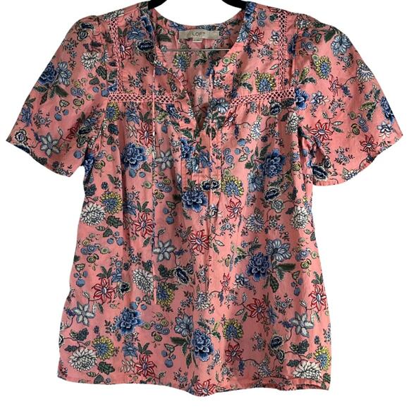 Loft Pink Blue Floral Tie Keyhole Neck Short Sleeve Blouse Reg Size Small - Picture 1 of 1